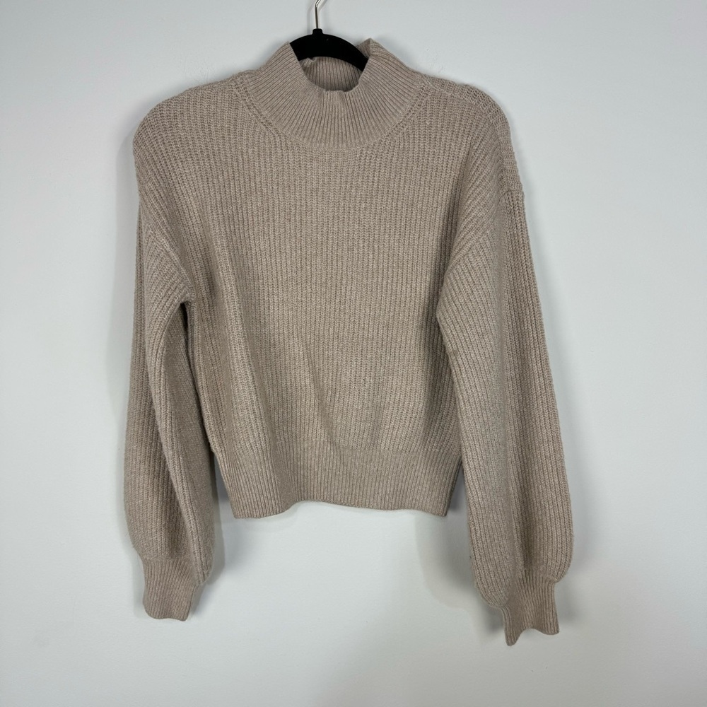 Weekend Tan Mock Neck Balloon Sleeve Cropped Neutral Boho Casual Sweater Cozy